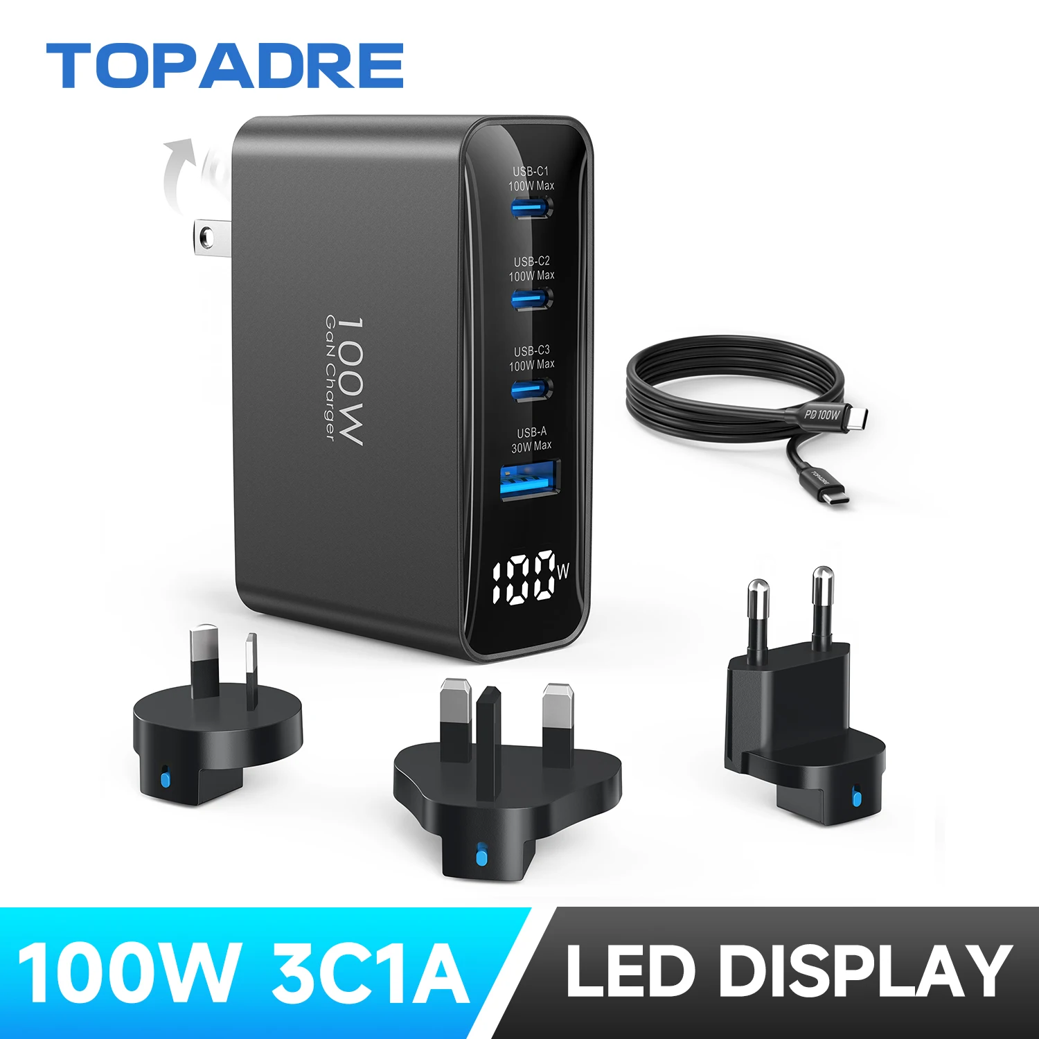 100W USB C Travel Charger, 4-Ports Foldable